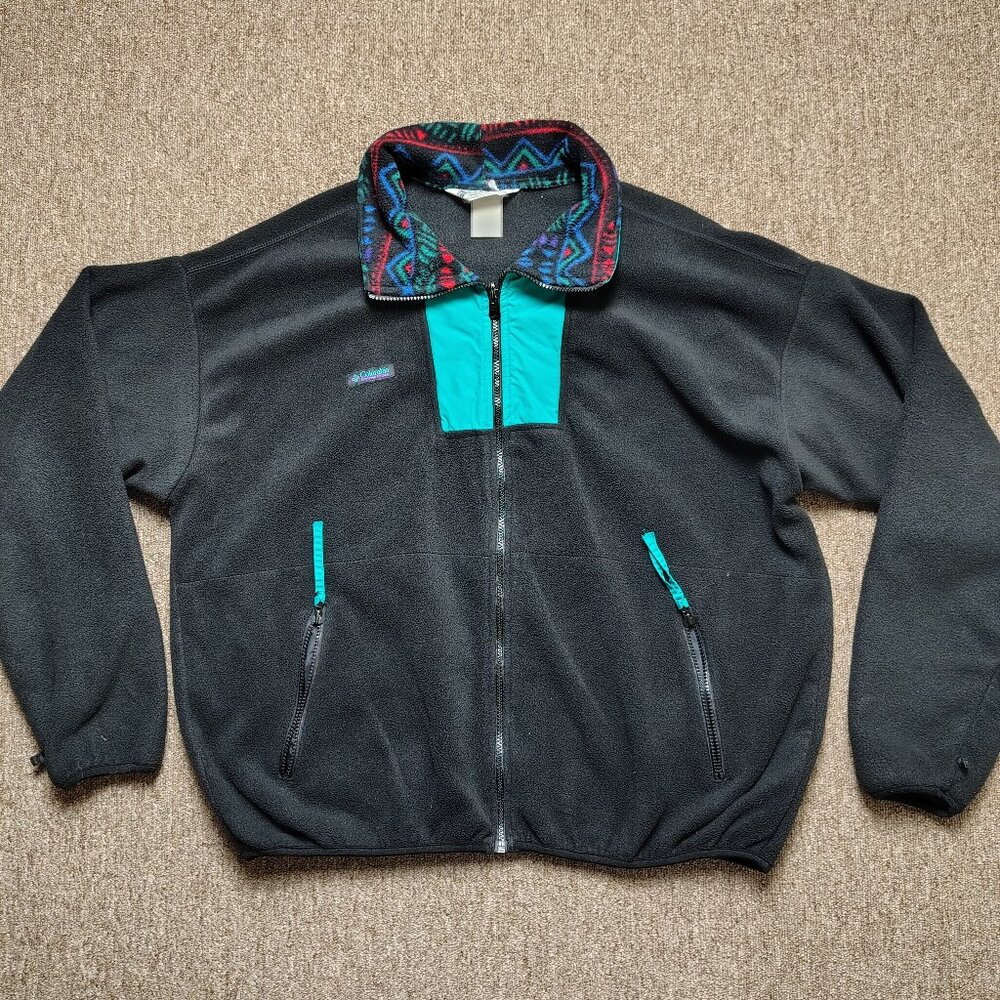 Vintage COLUMBIA Jacket Men M Black Full Zip Fleece Aztec Collar 90s Gorpcore